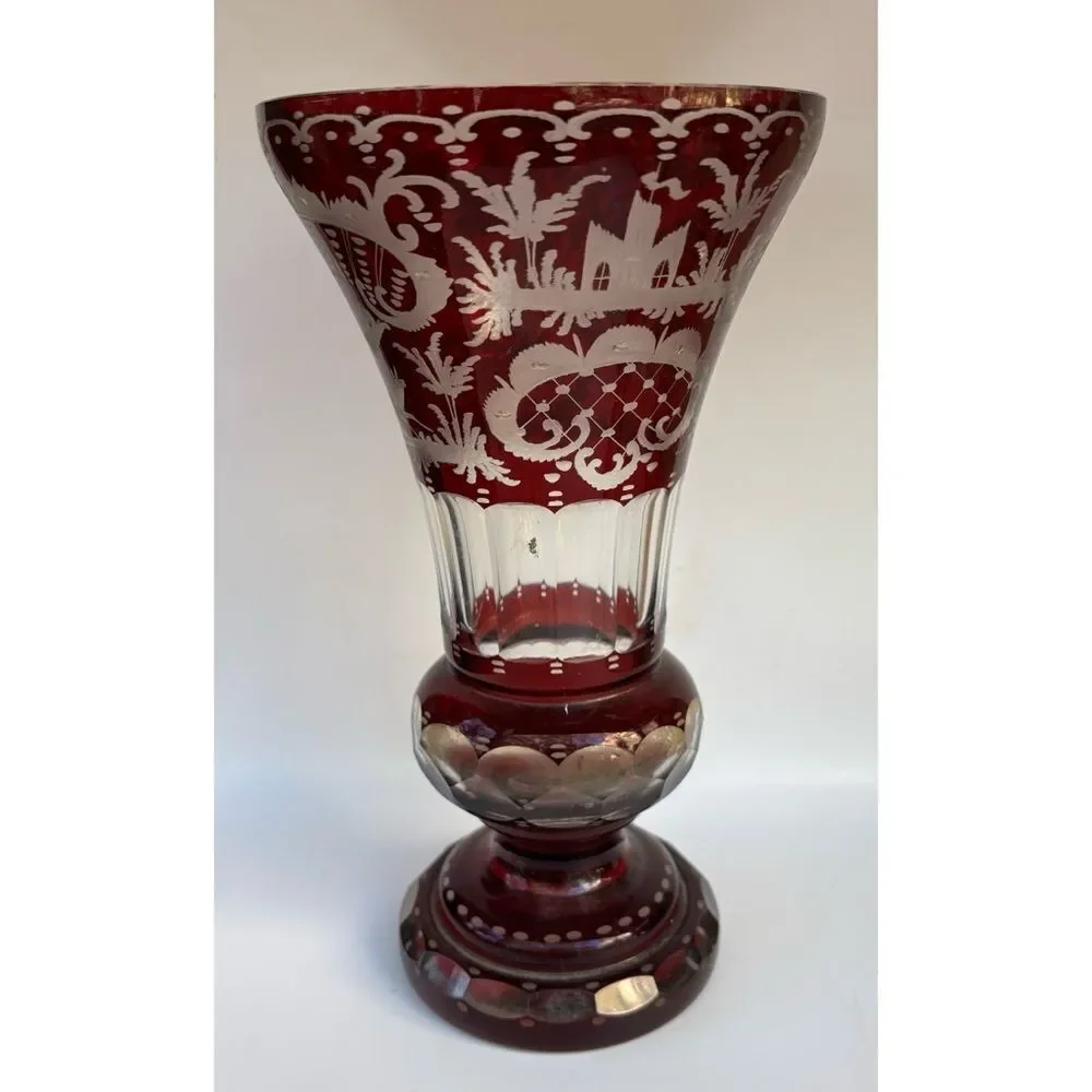 Vintage 1920s EGERMANN RUBY RED Bohemian Czech Crystal 9.8” Vase